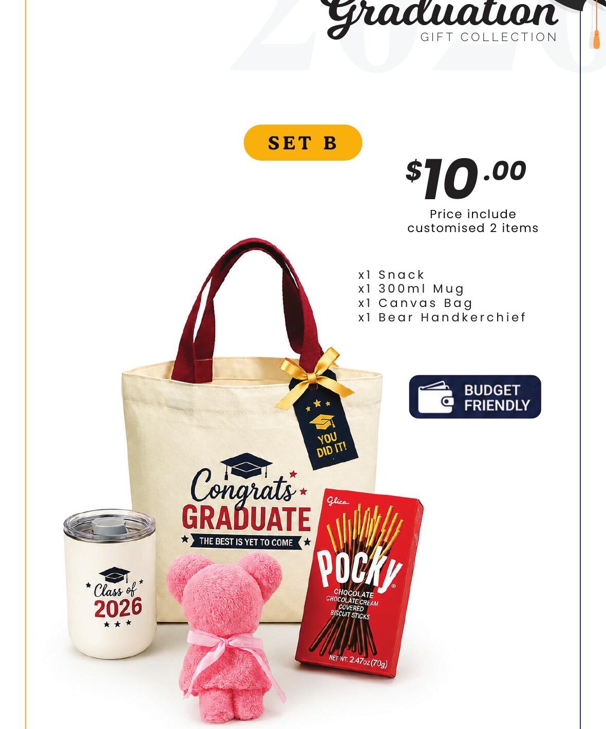 Graduation Gift Set B with mug, canvas bag, snack and handkerchief