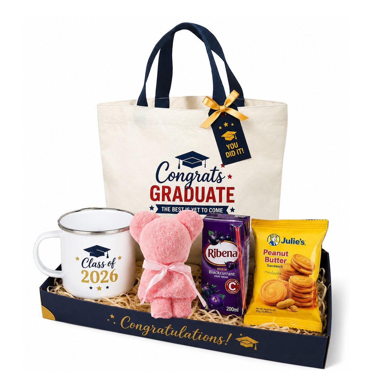Graduation Gift Set D with enamel mug, canvas bag, towel and snacks