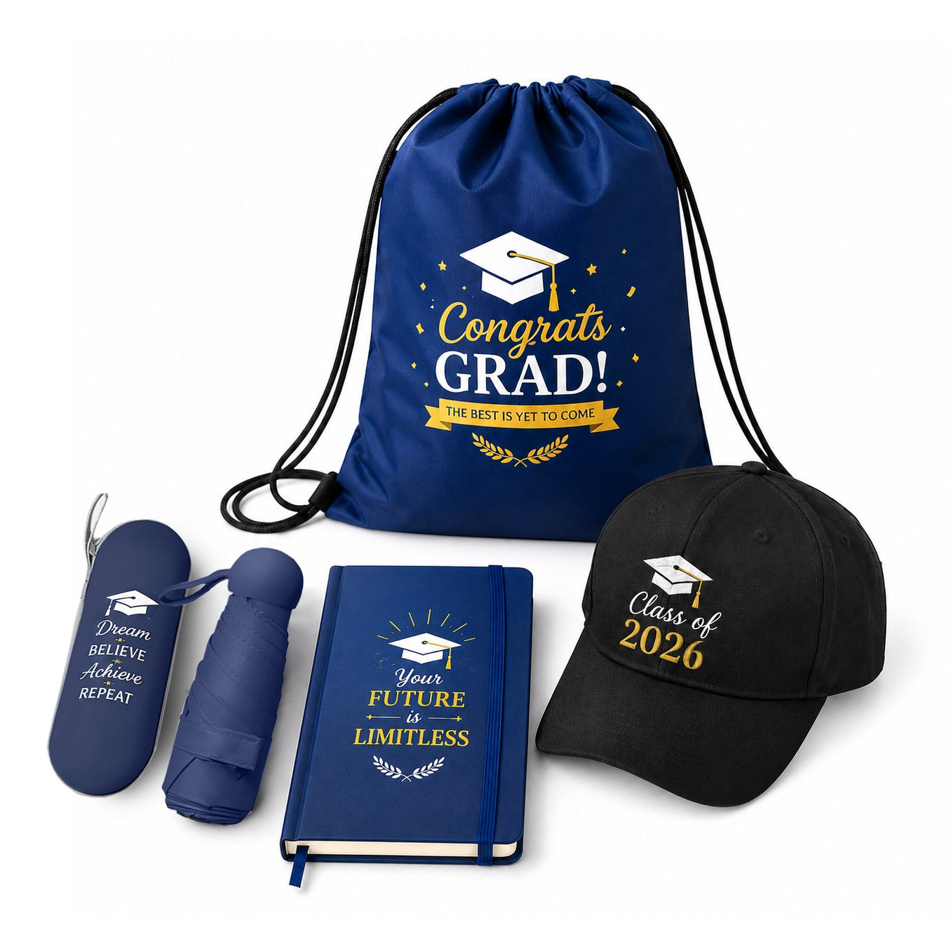 Graduation Gift Set E with cap, drawstring bag, umbrella and notebook