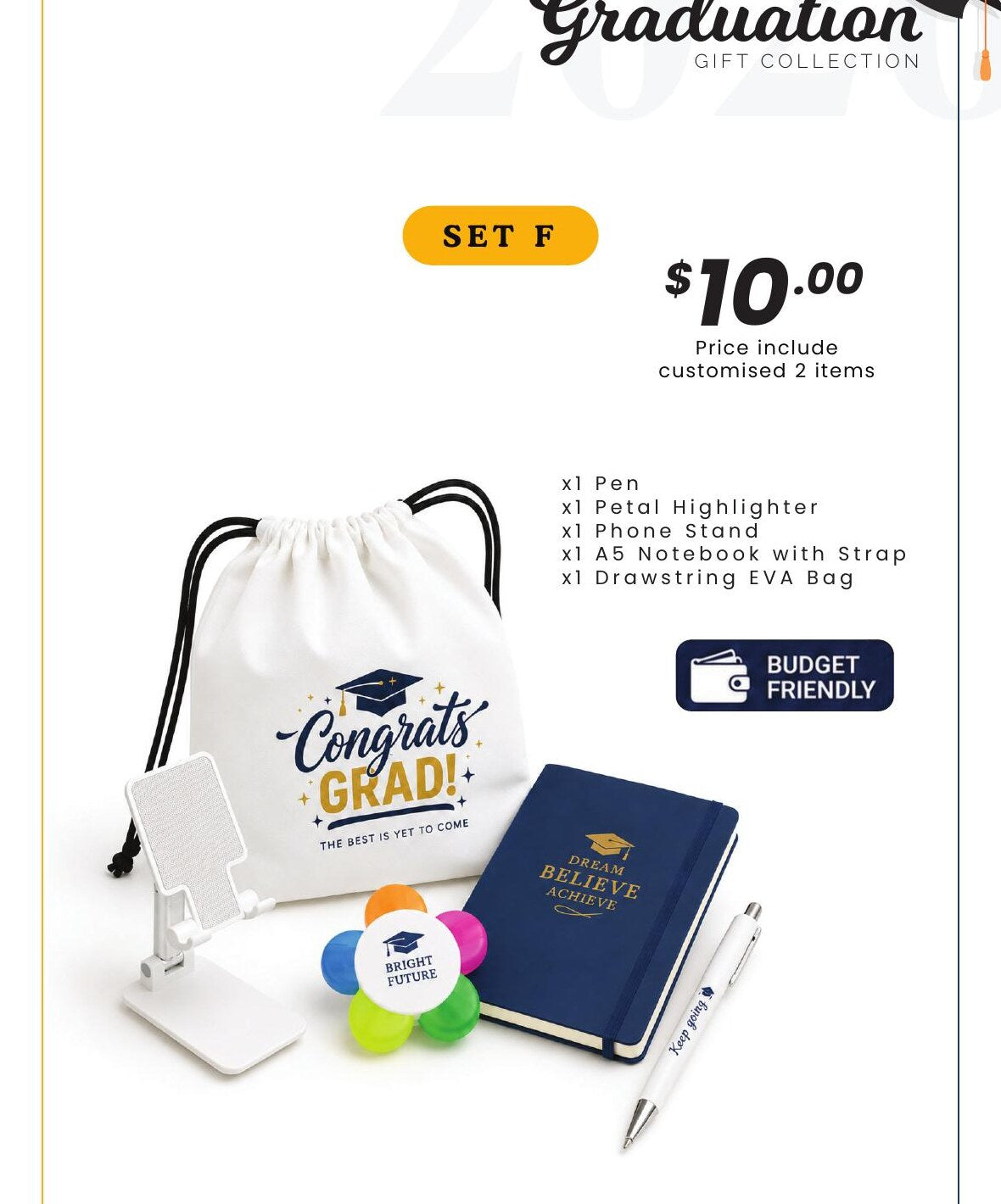 Graduation Gift Set F with stationery, phone stand, notebook and bag
