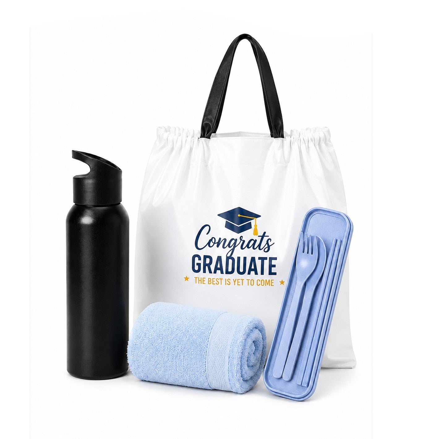 Graduation Gift Set H with bottle, towel, cutlery and drawstring bag