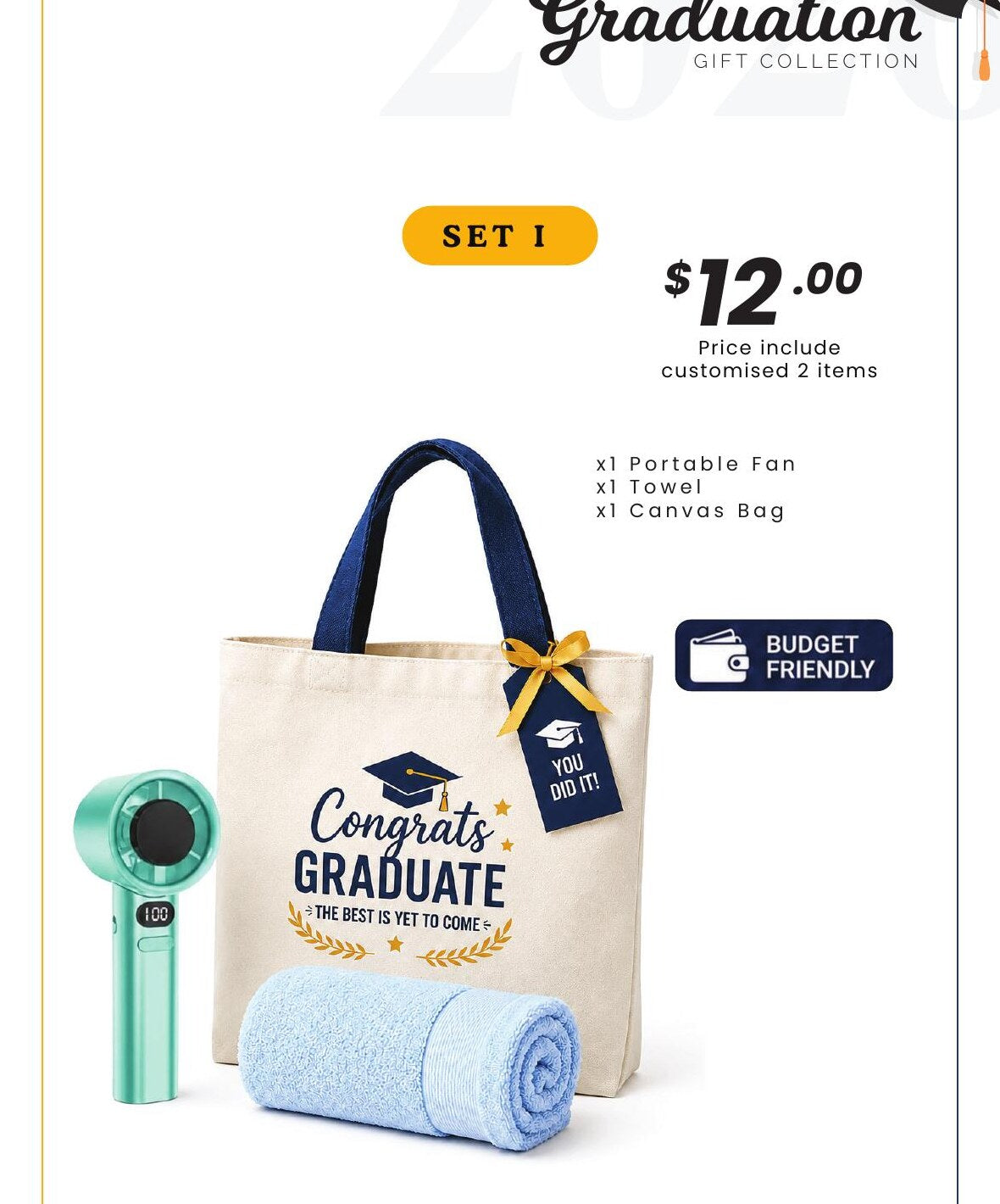 Graduation Gift Set I with portable fan, towel and canvas bag