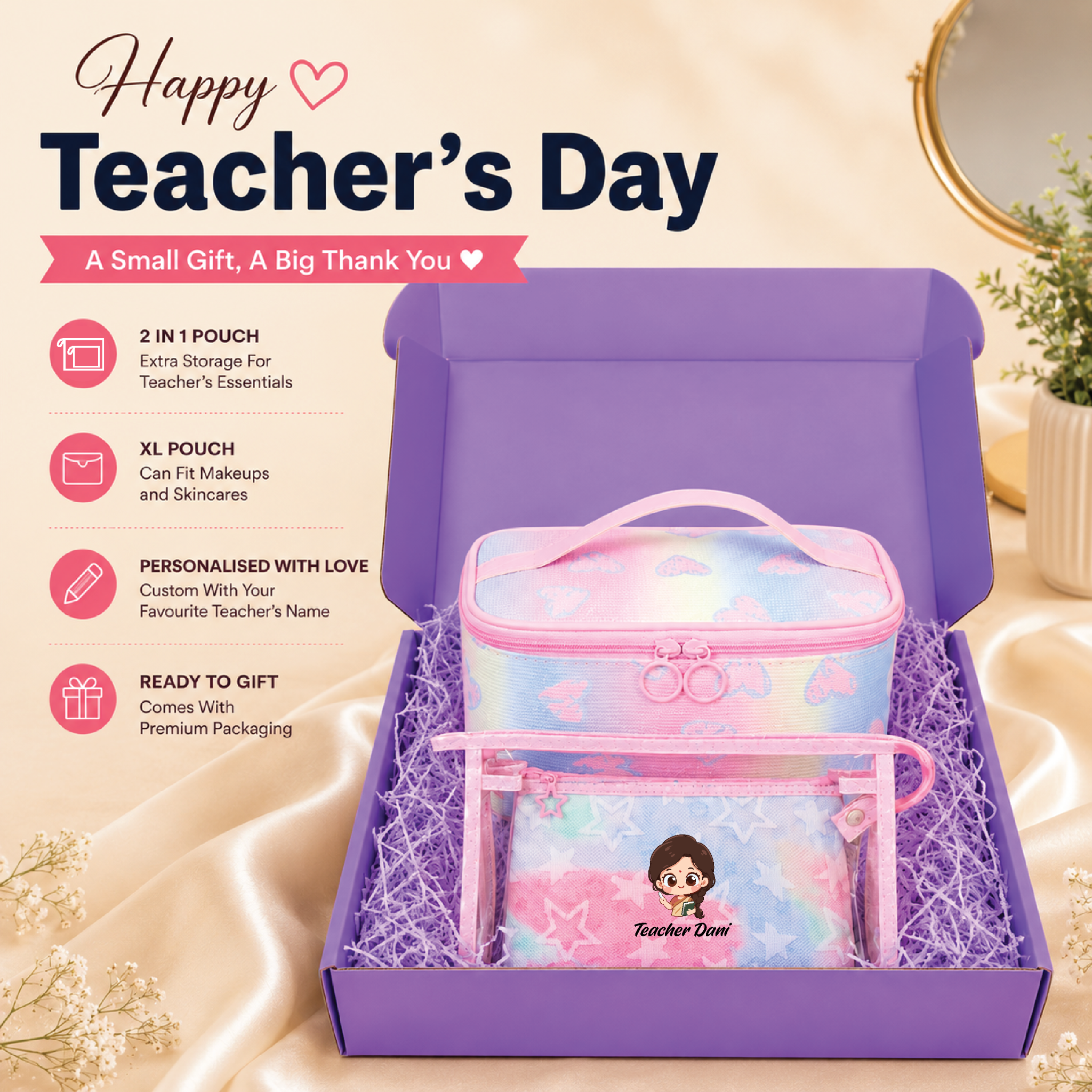 Personalised two-in-one and XL pouch Teachers' Day gift set