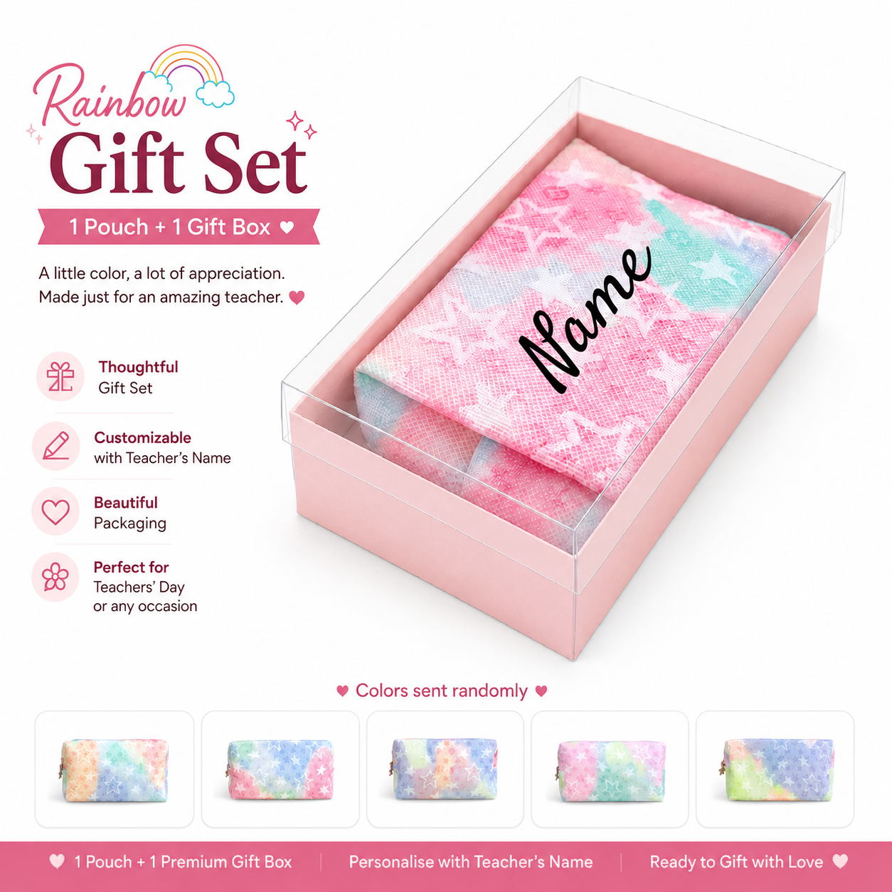 Personalised single rainbow pouch in pink gift box