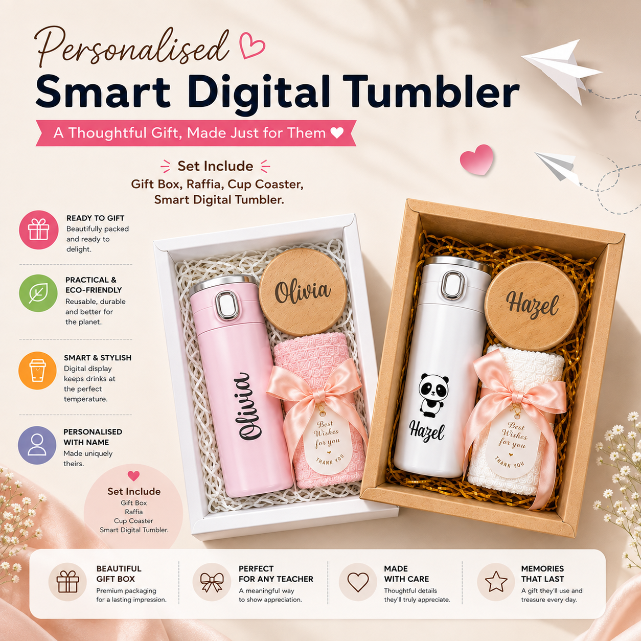 Pink and white personalised smart digital tumbler gift sets
