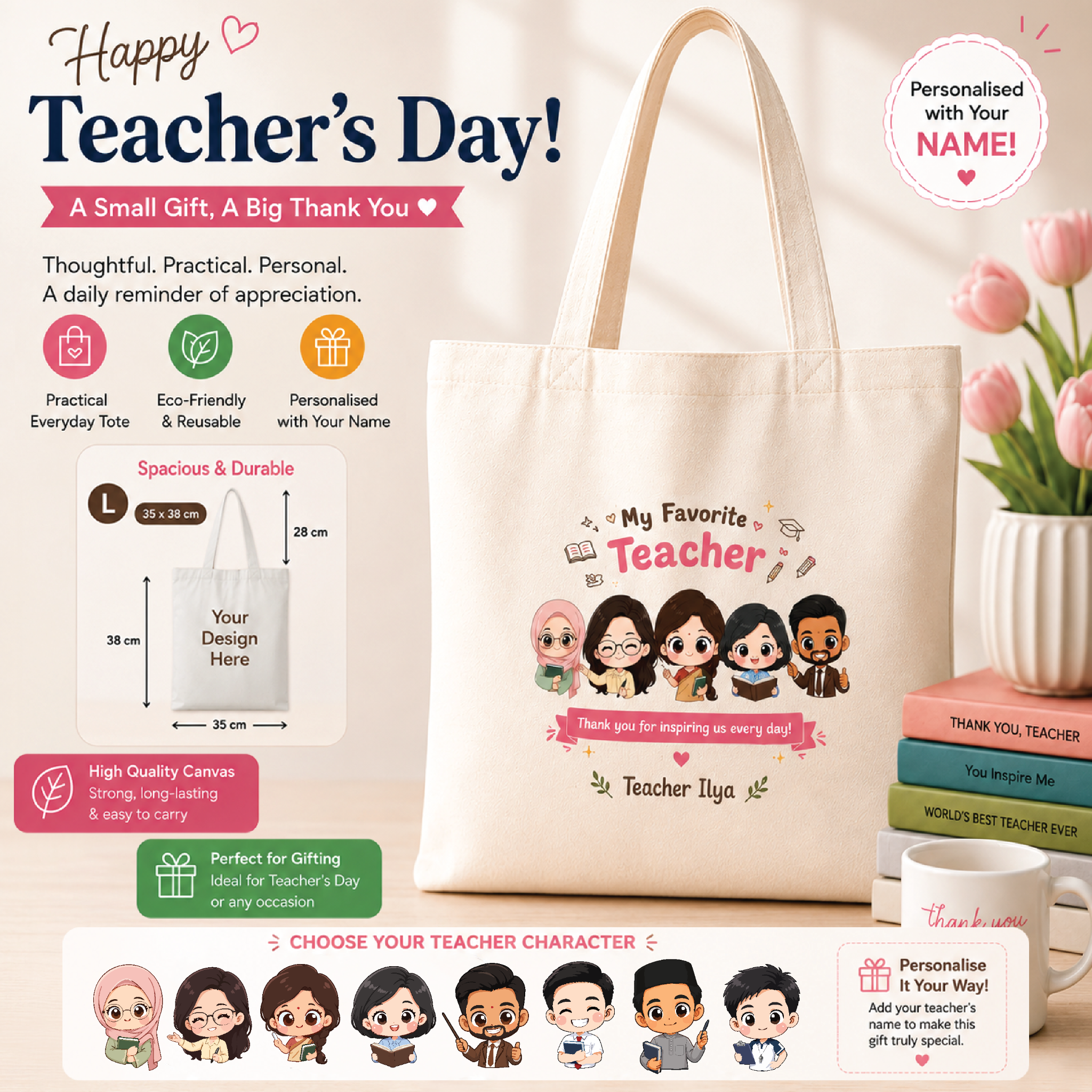 Personalised canvas tote with class teacher characters