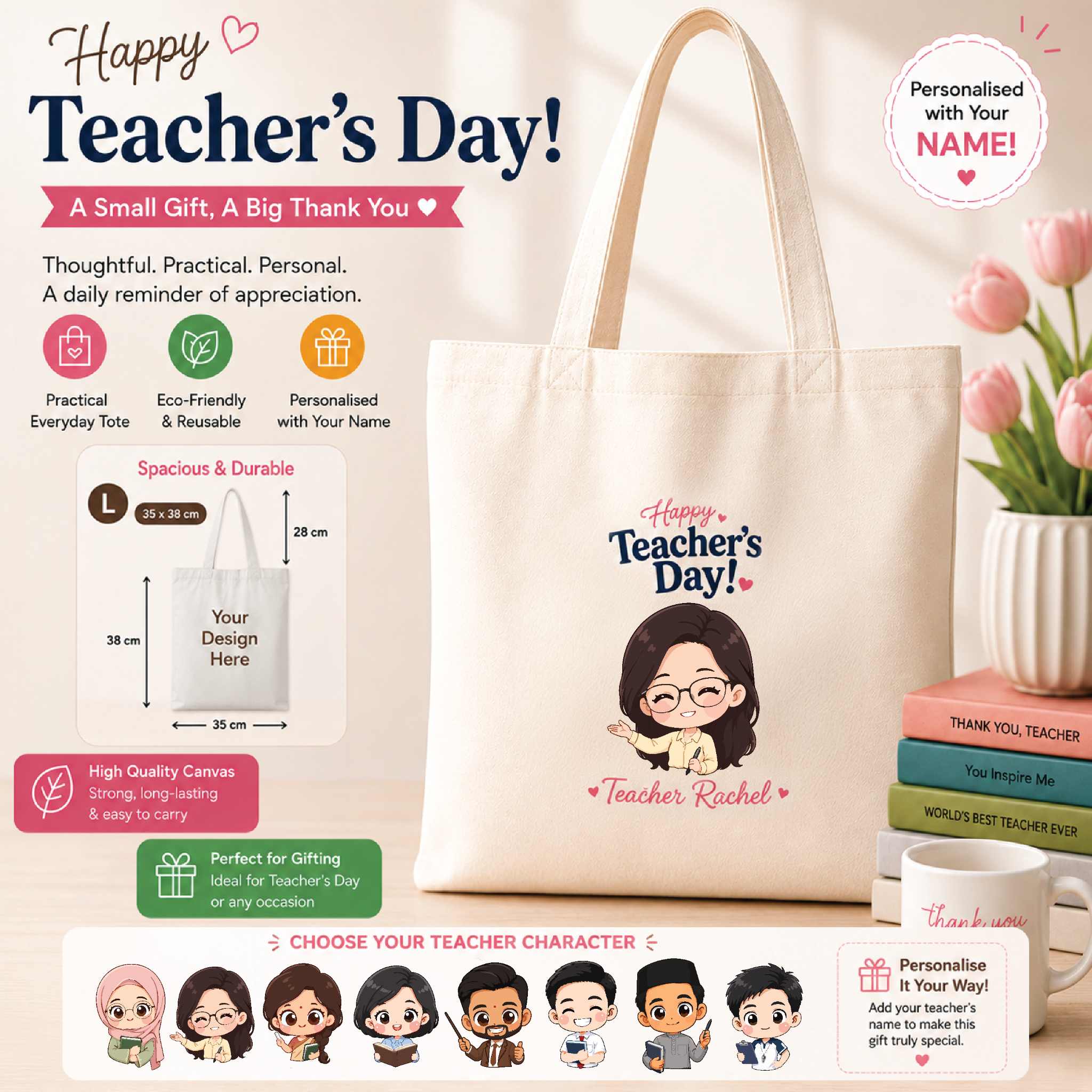 Personalised canvas tote with single teacher character
