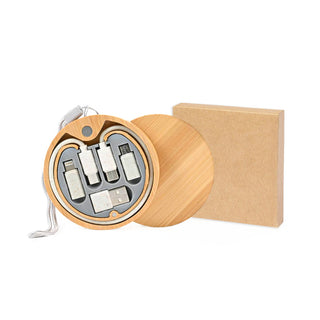 Personalised Eco-Friendly Bamboo Multi Cable Set | Custom Logo Corporate Gift Charger Set | 4-in-1 Charging Cable Kit
