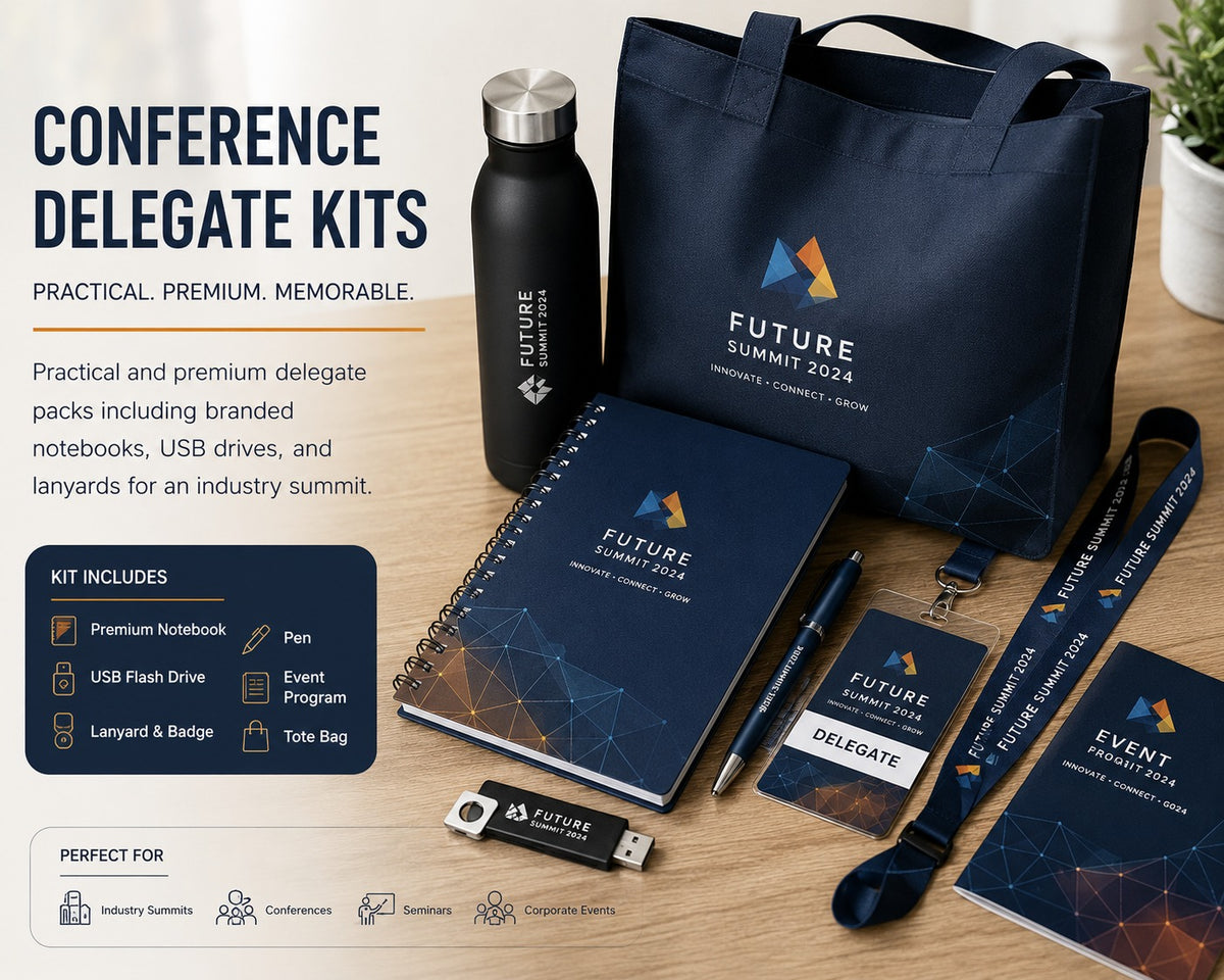 Corporate conference delegate kit with branded merchandise