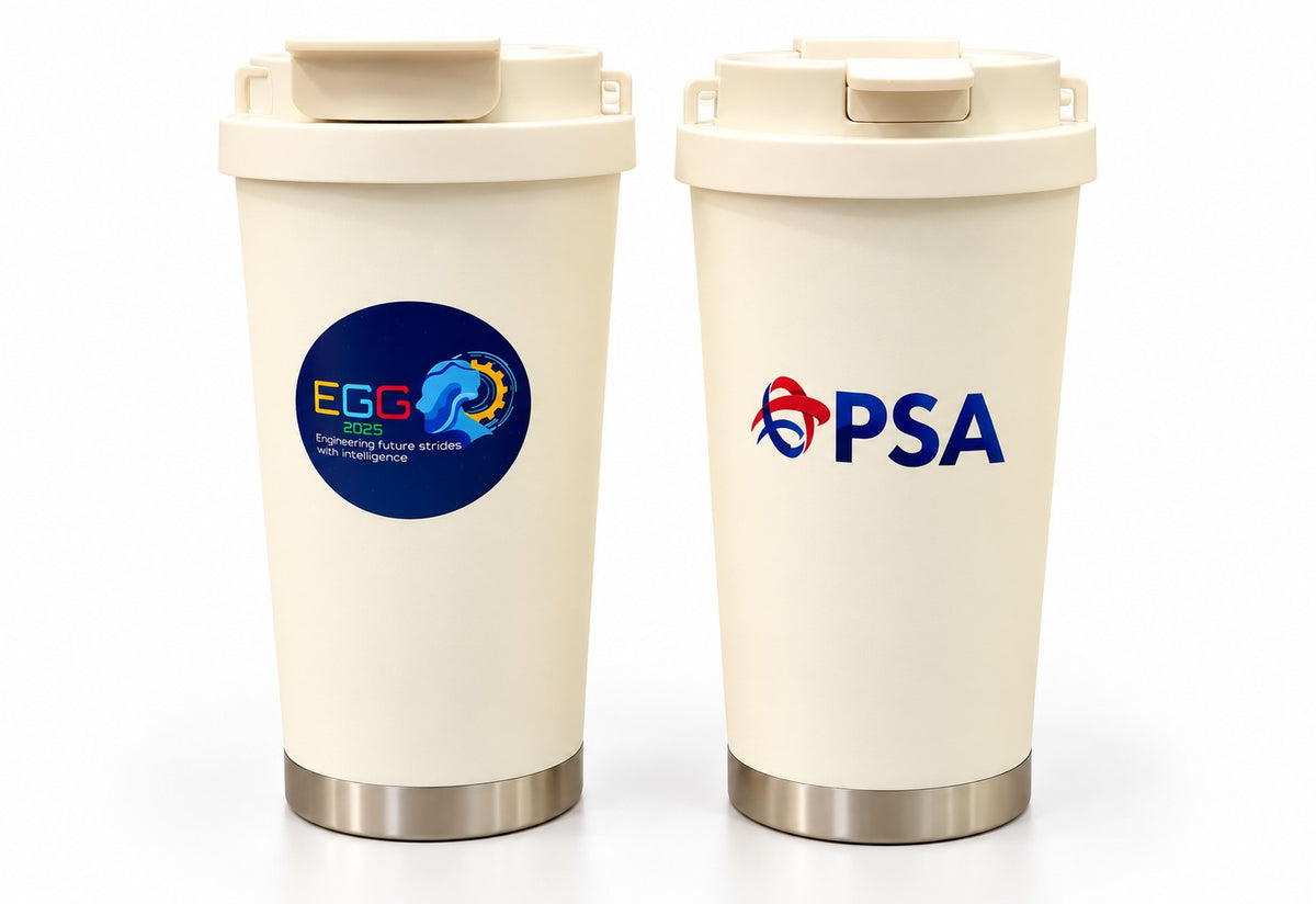 Beige 520ml tumbler ceramic inner coating featuring customised PSA artwork