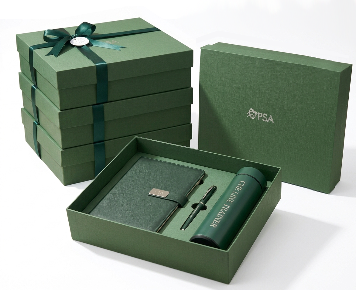 Customised staff appreciation gift set comprising a tumbler, notebook and ball pen, arranged with a branded gift box and gift bag