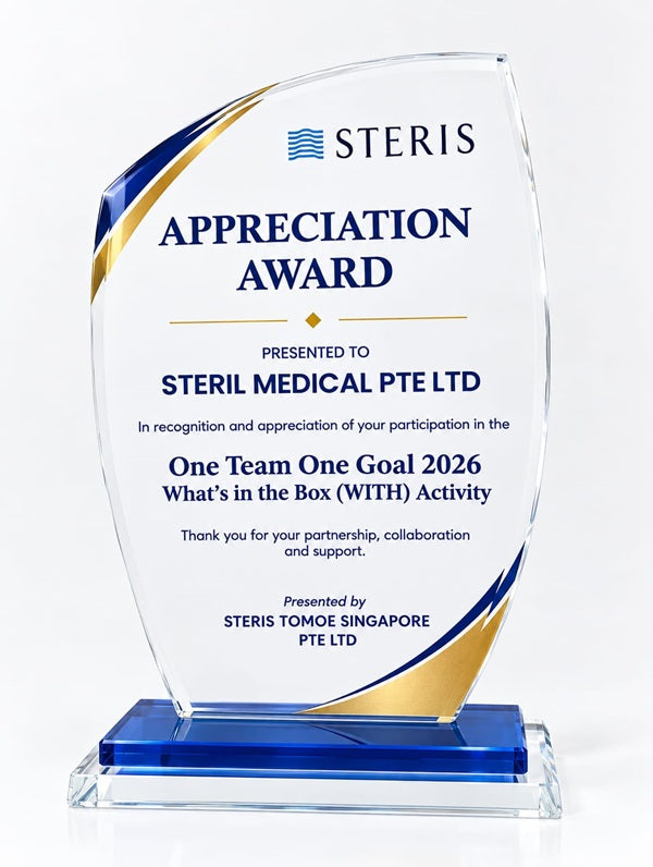 Crystal plaque appreciation award with a blue based, customised with STERIS logo and award message.
