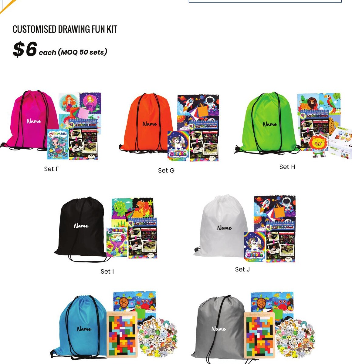 Children's drawing fun kit packed in a drawstring bag