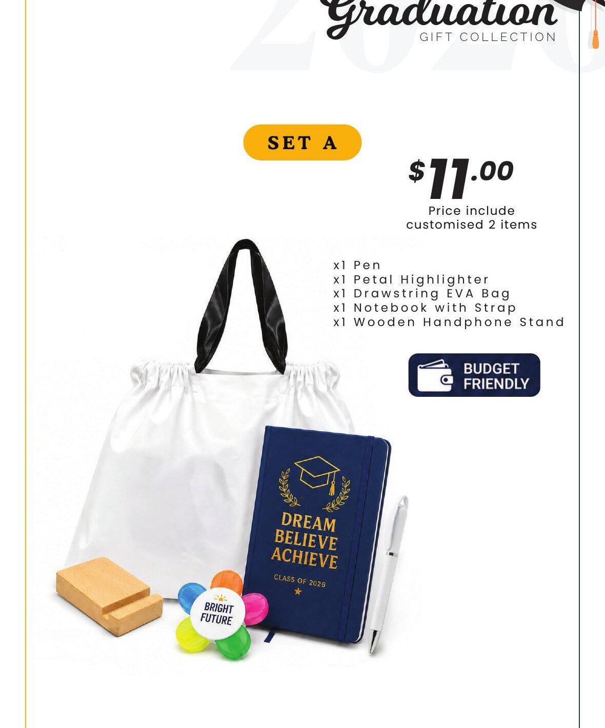 Graduation Gift Set A with stationery, bag and phone stand