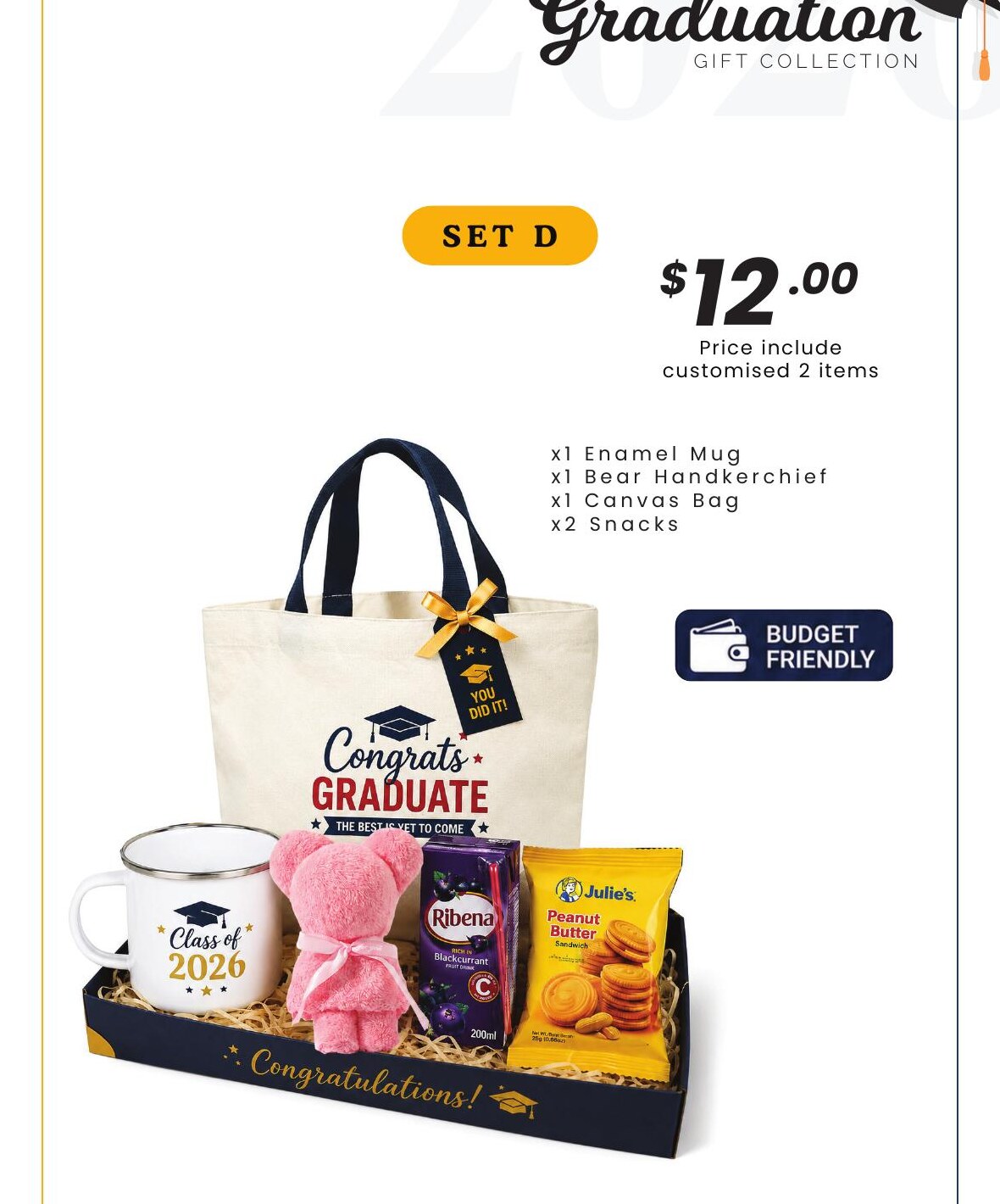 Graduation Gift Set D with enamel mug, canvas bag, towel and snacks