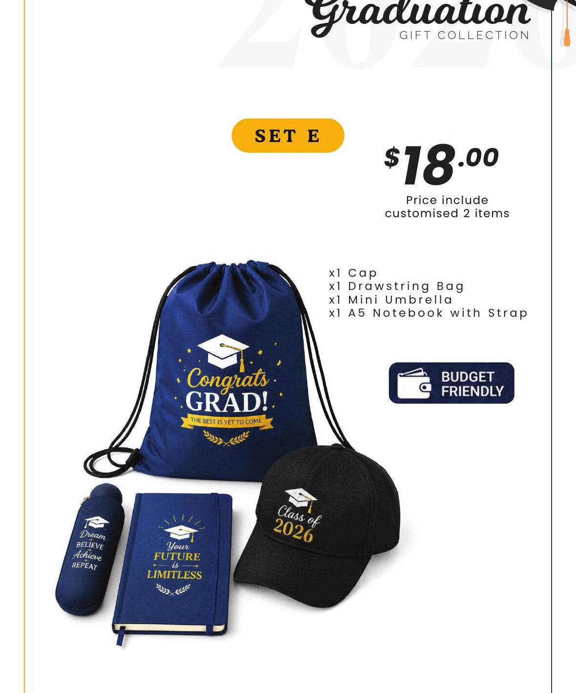 Graduation Gift Set E with cap, drawstring bag, umbrella and notebook