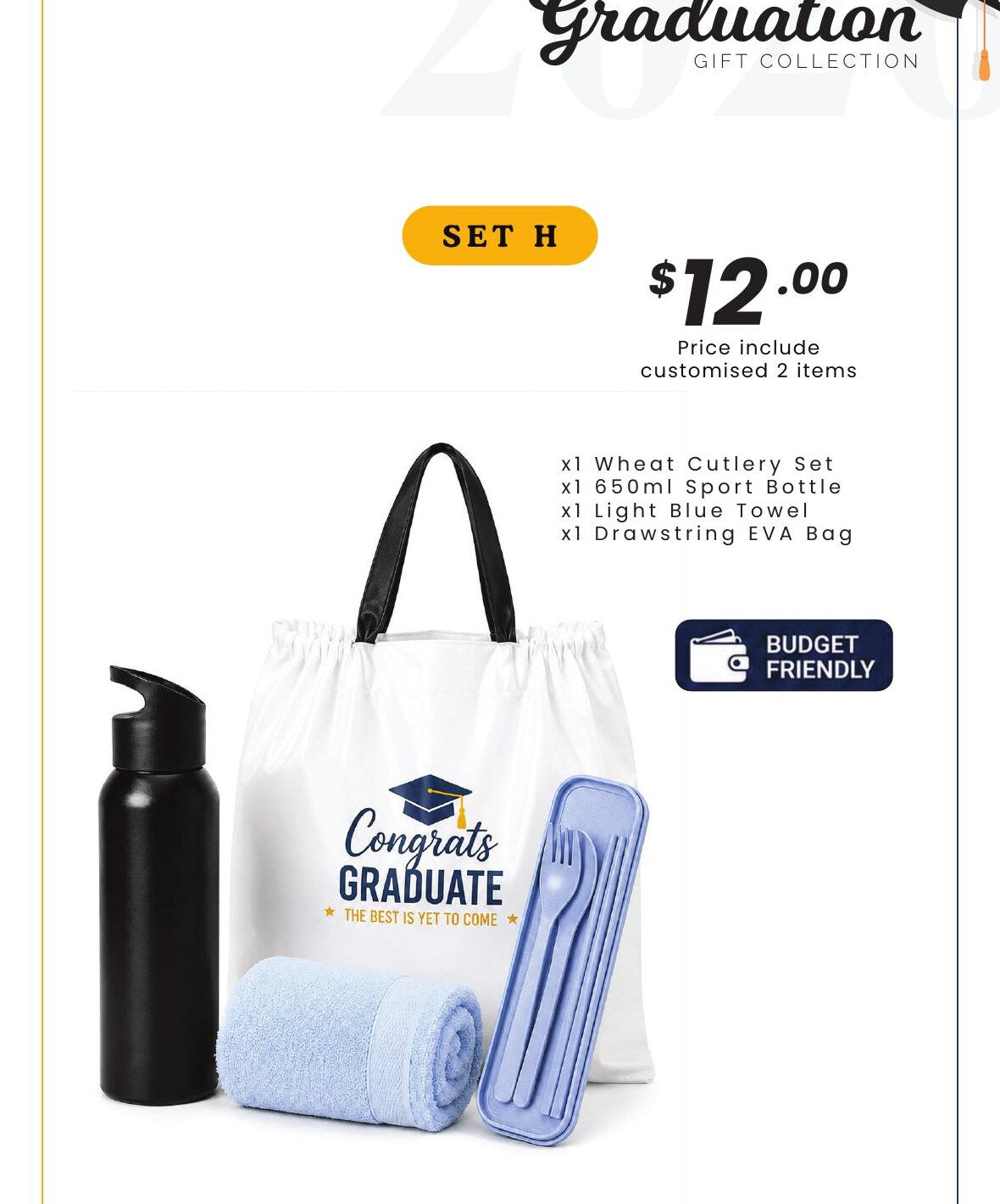Graduation Gift Set H with bottle, towel, cutlery and drawstring bag