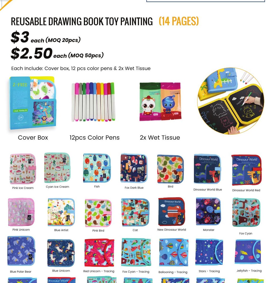 Reusable drawing book toy painting set with colour pens