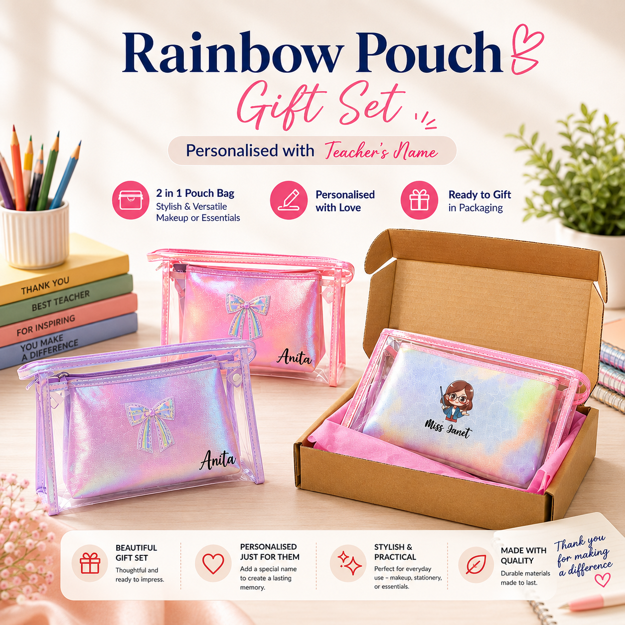Personalised two-in-one rainbow pouch Teachers' Day gift set
