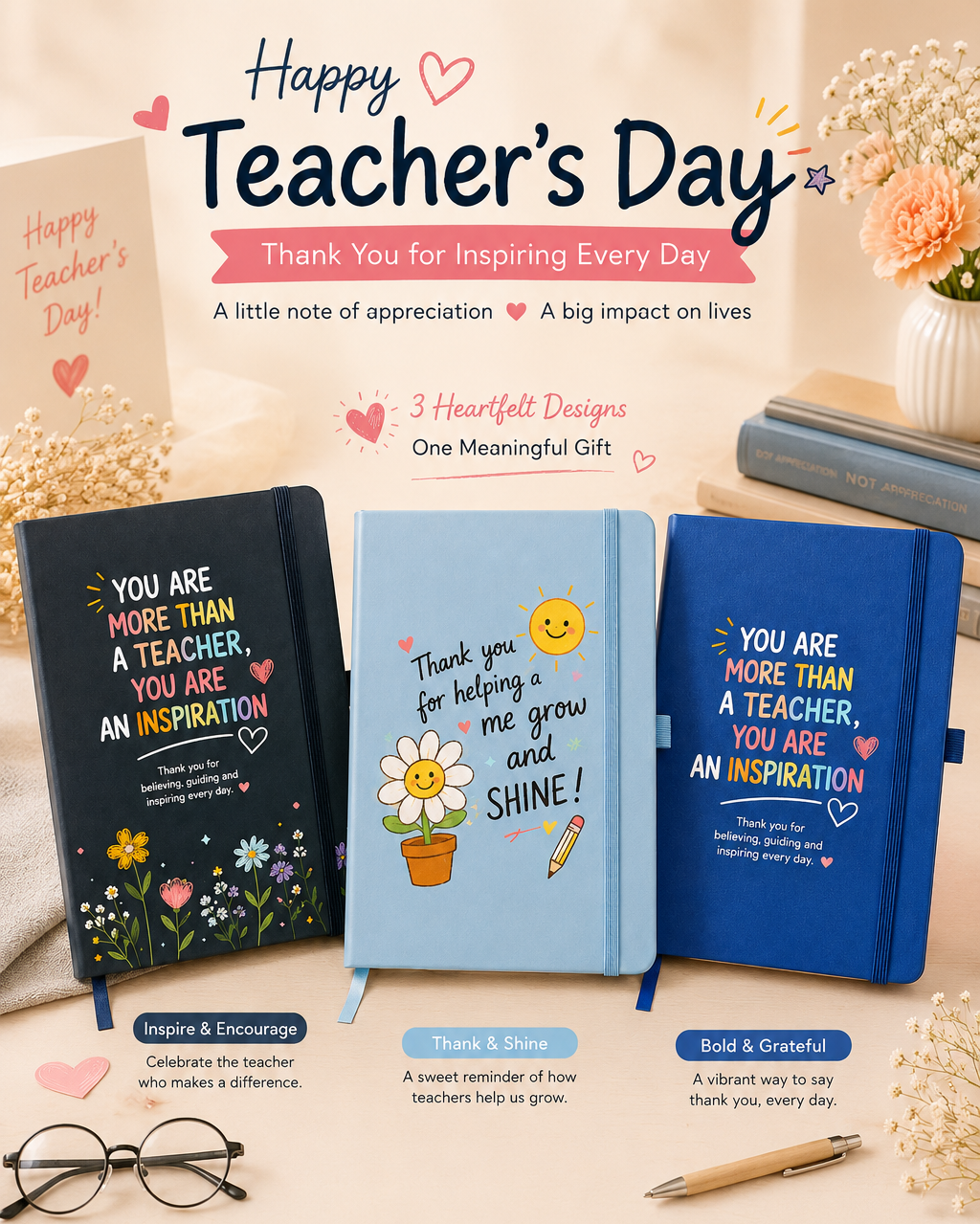 Three customised Teachers' Day notebook designs