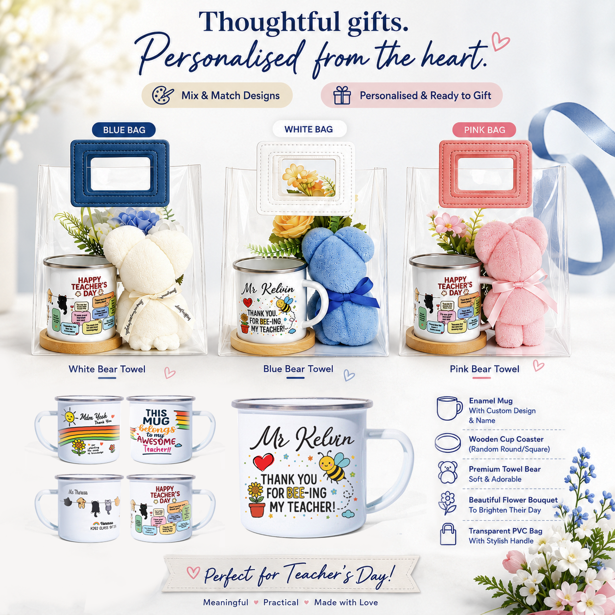 Personalised enamel mug, towel bear and flower Teachers' Day gift set
