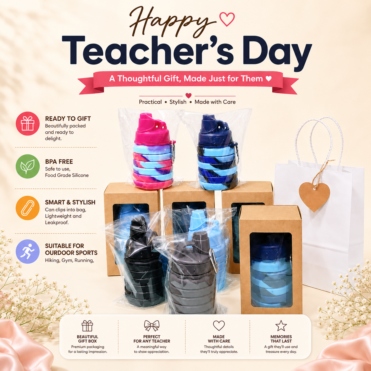 500ml foldable BPA-free silicone bottle Teachers' Day gift