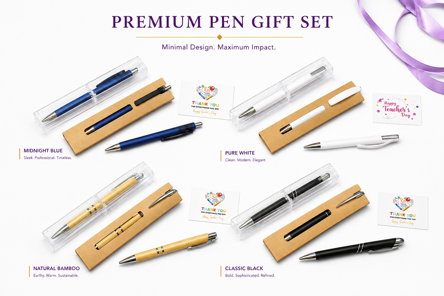 Premium Teachers' Day pen gift sets in blue, white, bamboo and black