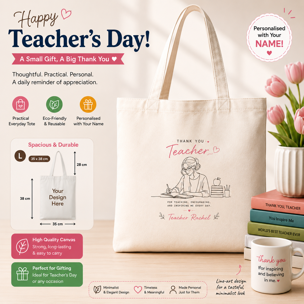 Personalised canvas tote with minimalist teacher line art