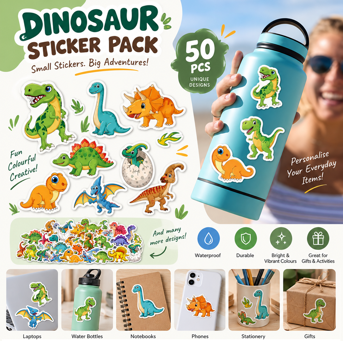 Packs of 50 cute waterproof stickers