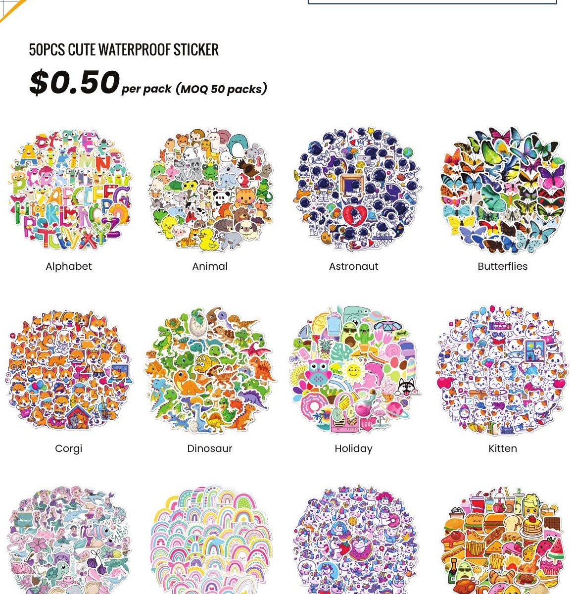 Packs of 50 cute waterproof stickers